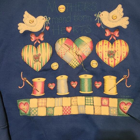 90s Patchwork Heart/Dove Print Crewneck Sweatshirt Mothers Mend Torn Hearts XXL - Picture 2 of 8
